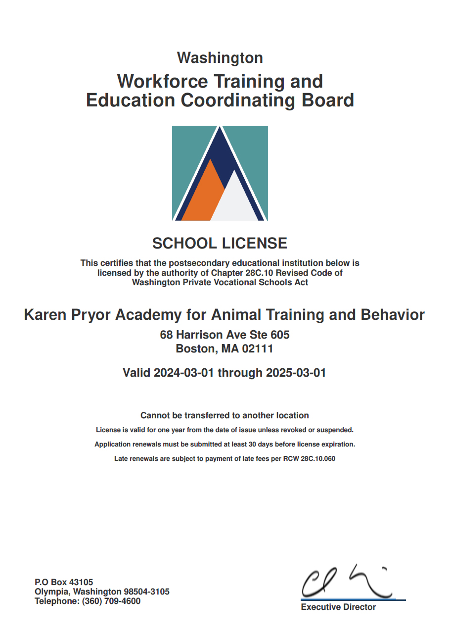 Washington_Workforce_Board_license_for_Karen_Pryor_Academy_for_Animal_Training_and_Behavior_2024-02-27